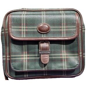 Vintage Bean Pole Small Tartan Plaid Green Leather Purse Crossbody 10” X 8”